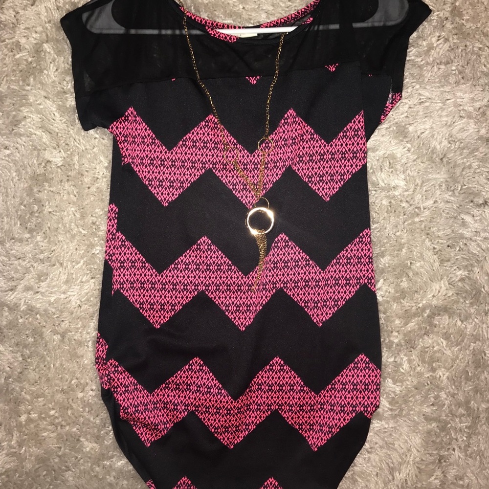 Pink and black top with attached necklace